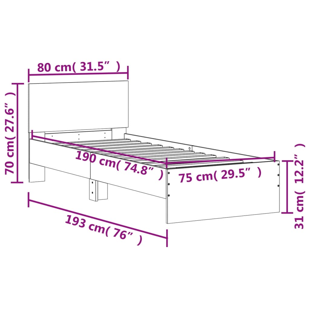 vidaXL gultas rāmis ar galvgali un LED, brūna koka krāsa, 75x190 cm