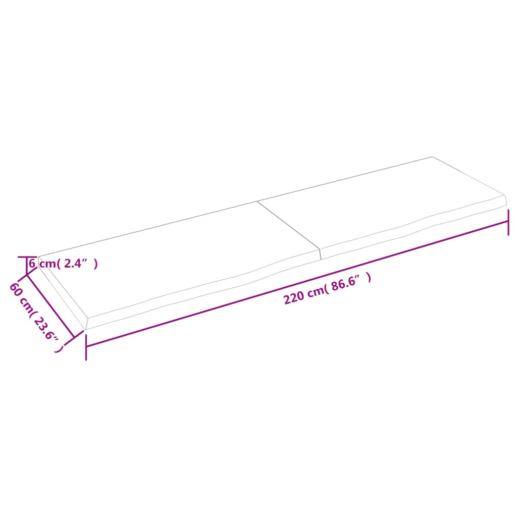 vidaXL galda virsma, 220x60x(2-6) cm, neapstrādāts ozola masīvkoks