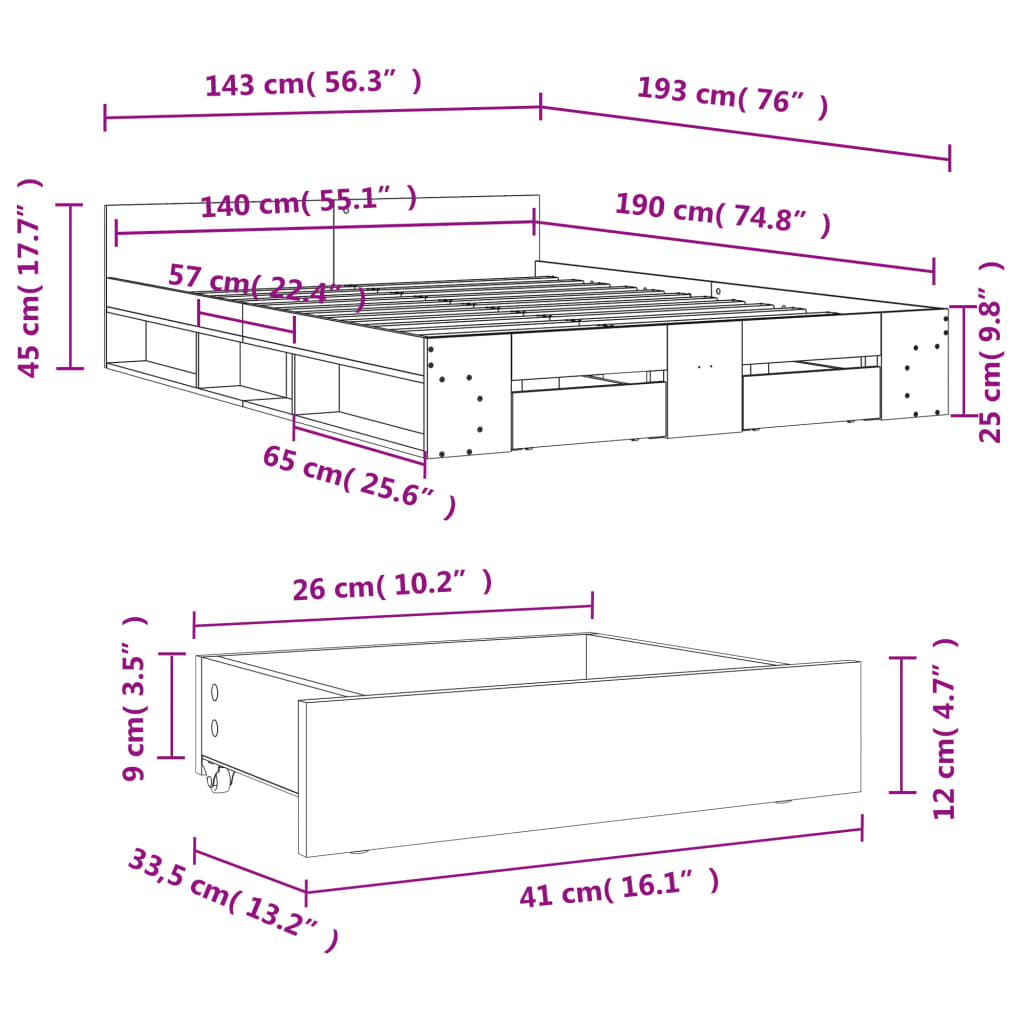 vidaXL gultas rāmis ar atvilktnēm, ozola, 140x190cm, inženierijas koks