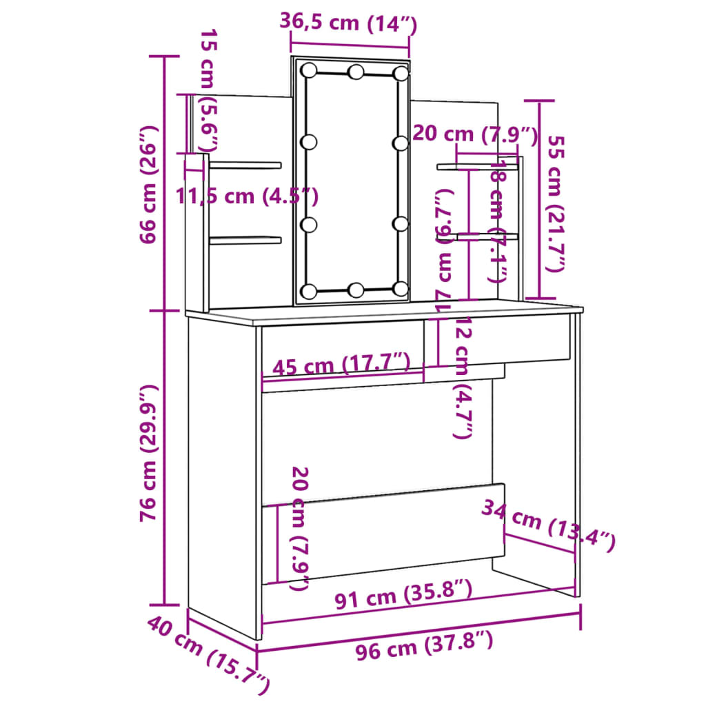 vidaXL spoguļgaldiņš ar LED, brūns, 96x40x142 cm