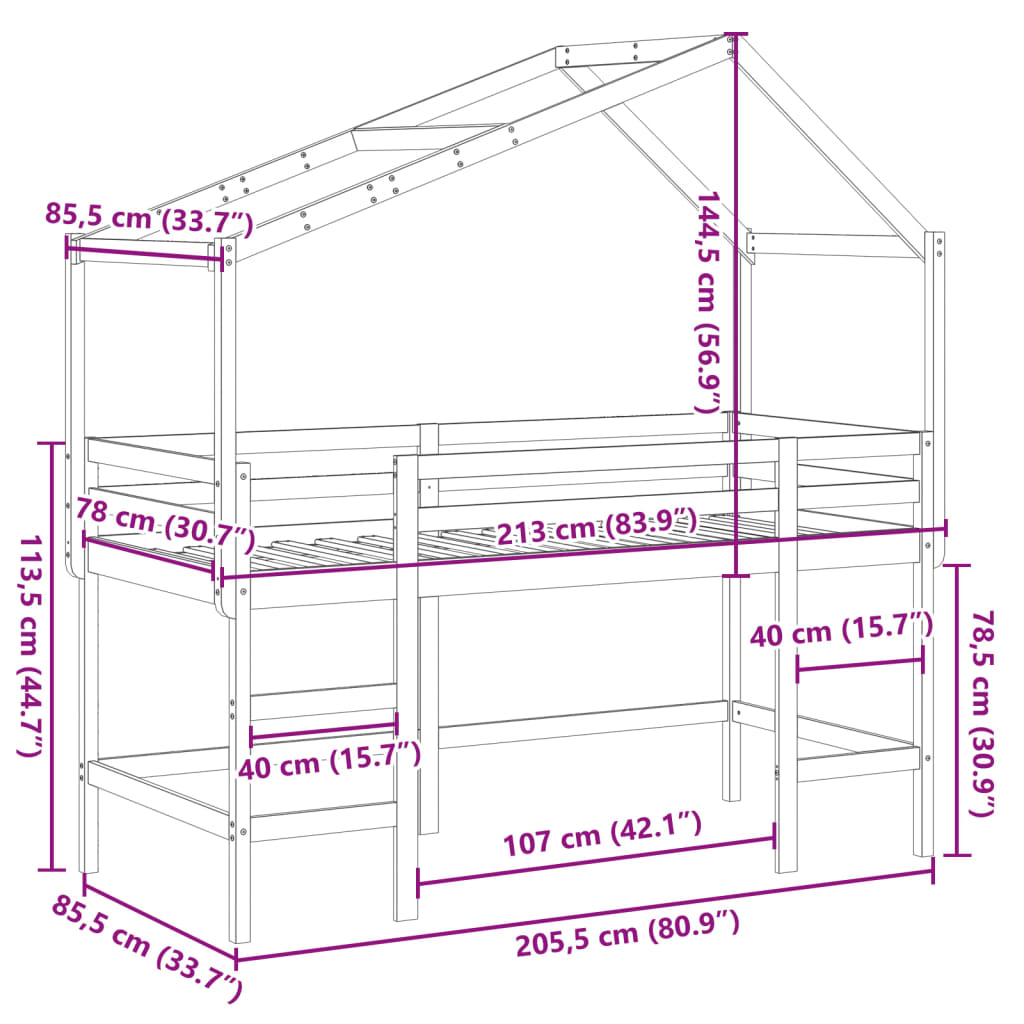 vidaXL augstā gulta ar jumtu, balta, 80x200 cm, priedes masīvkoks