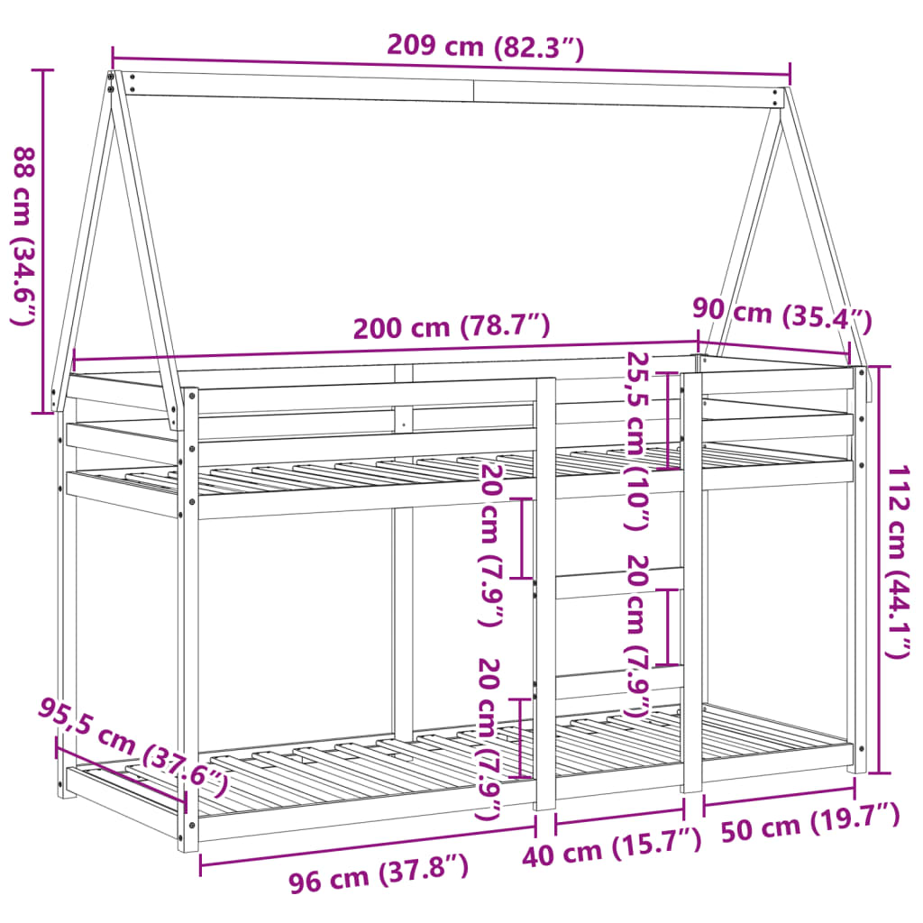 vidaXL divstāvu gulta ar jumtu, vaska brūna, 90x200 cm, priedes koks