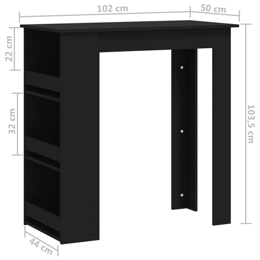 vidaXL bāra galds ar plauktu, melns, 102x50x103,5cm, inženierijas koks