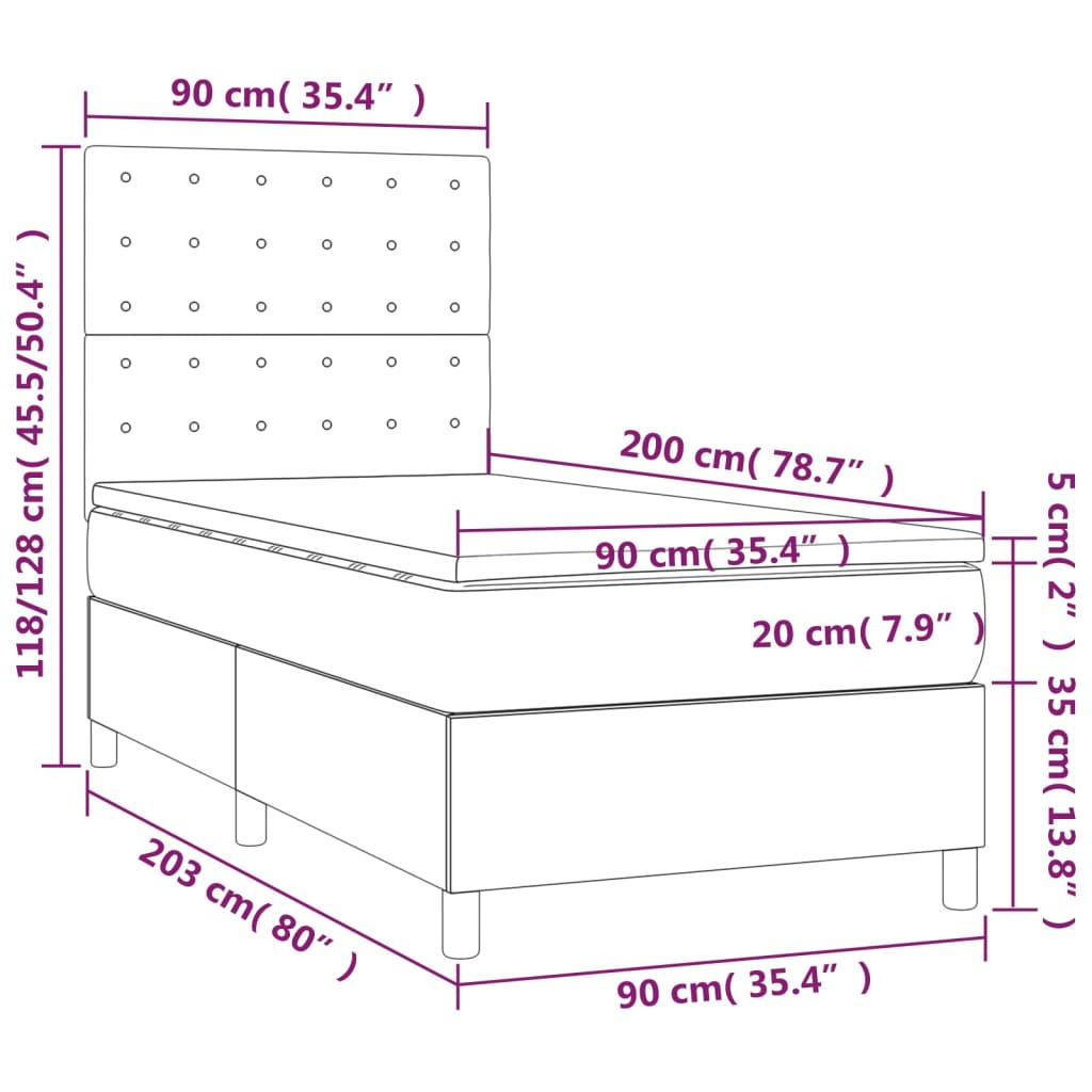 vidaXL atsperu gulta ar matraci, pelēka, 90x200 cm, mākslīgā āda