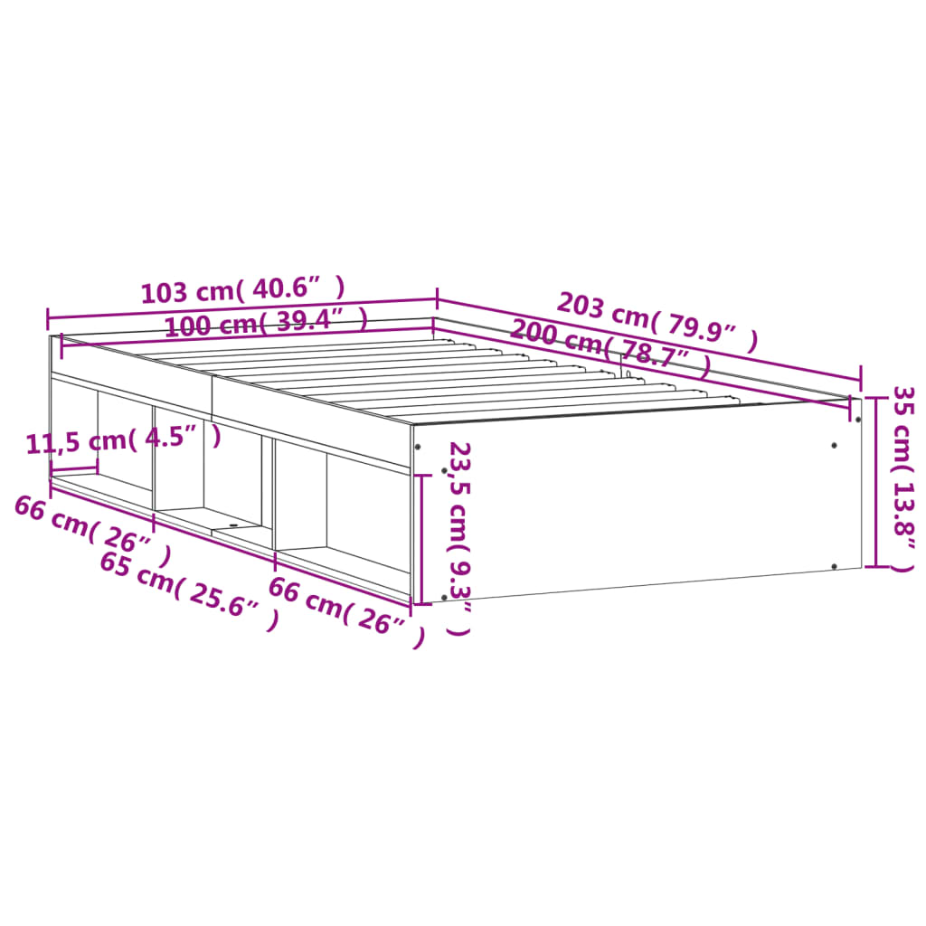 vidaXL gultas rāmis, melns, 100x200 cm