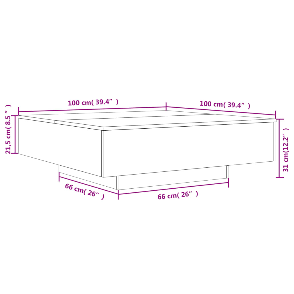 vidaXL kafijas galdiņš ar LED, ozolkoka, 100x100x31 cm