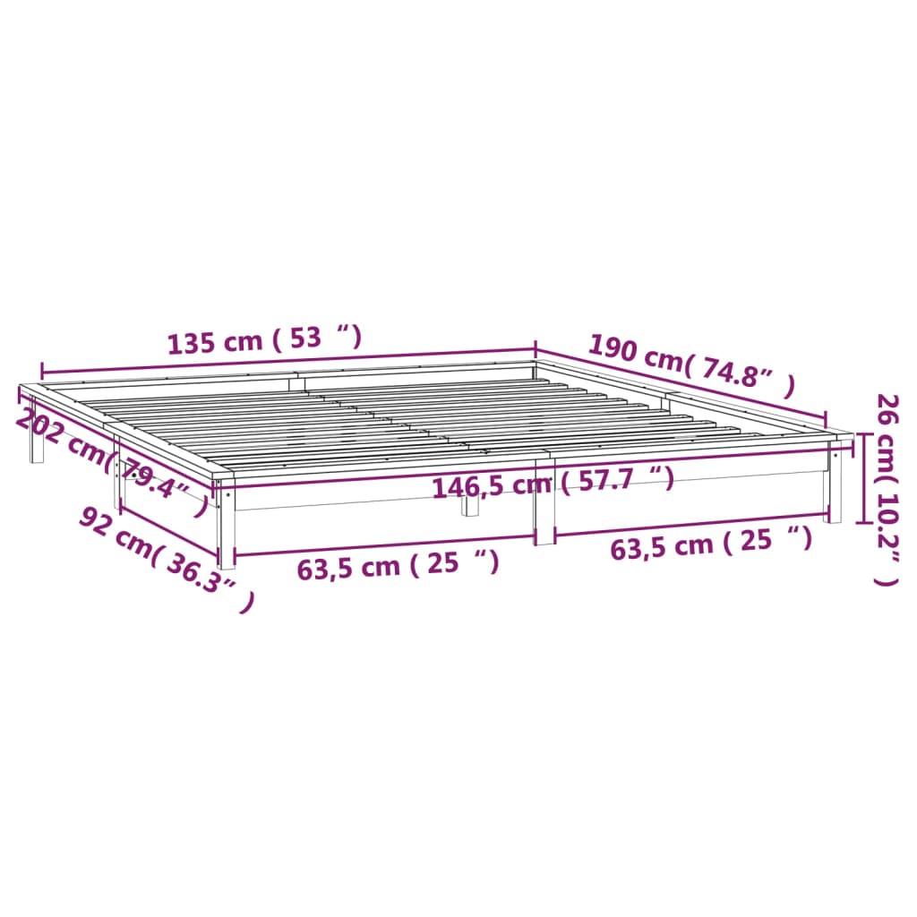 vidaXL gultas rāmis, LED, melns, 135x190, divvietīgs, masīvkoks