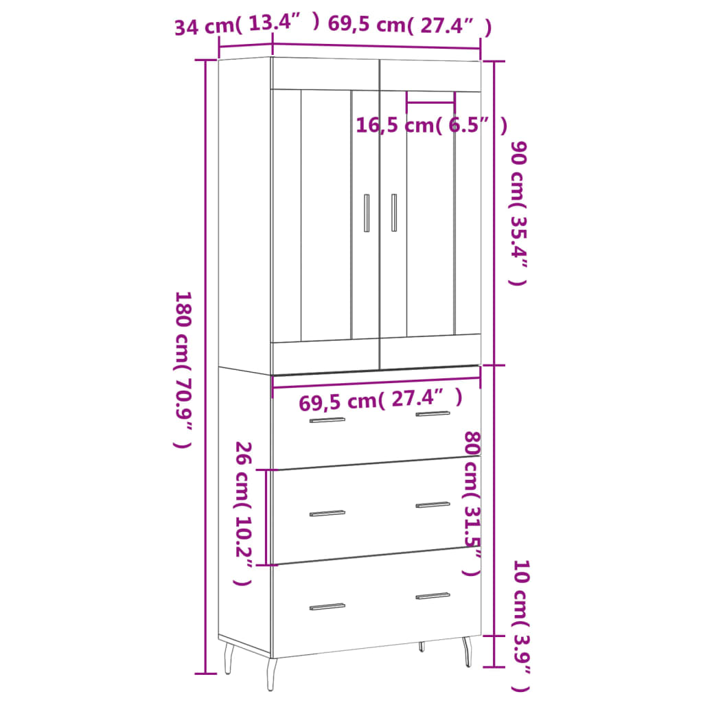 vidaXL augstais skapis, melns, 69,5x34x180 cm, inženierijas koks