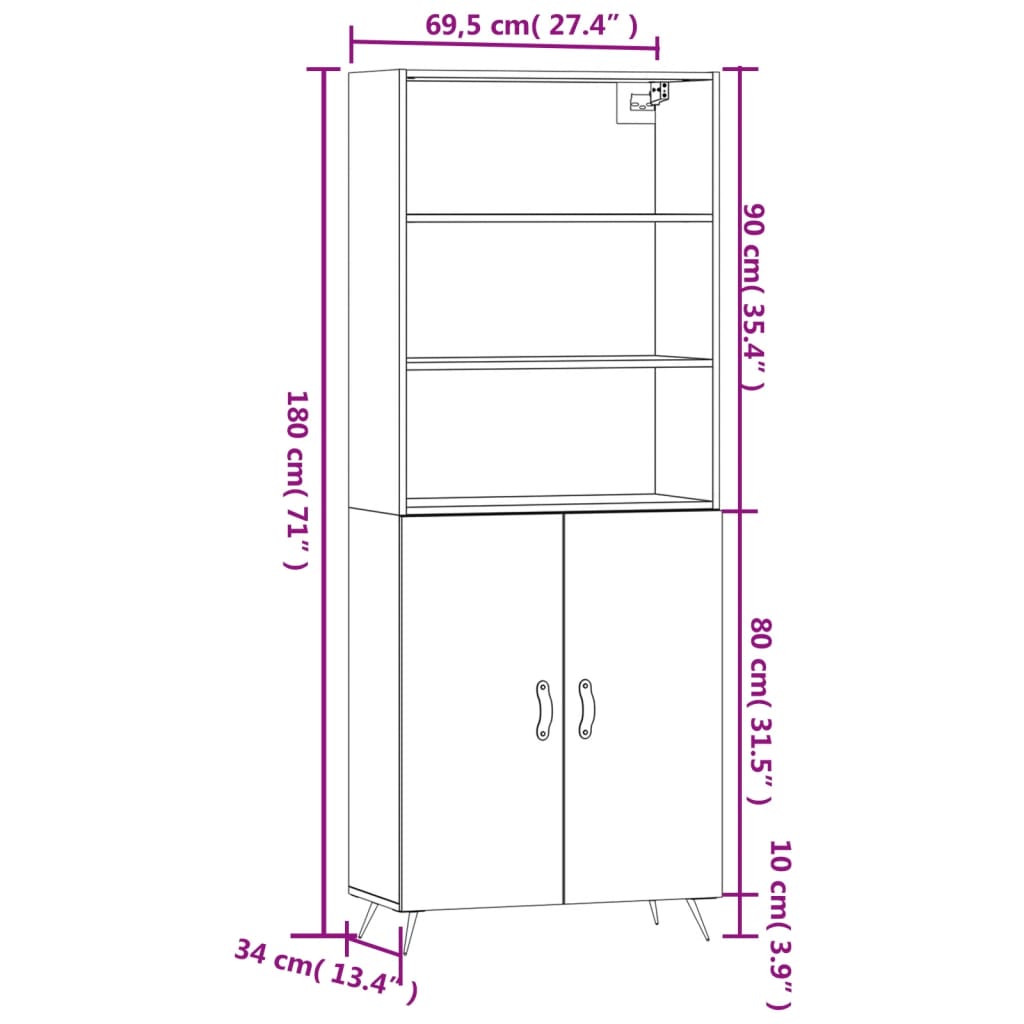 vidaXL augstais skapis, pelēks, 69,5x34x180 cm, inženierijas koks