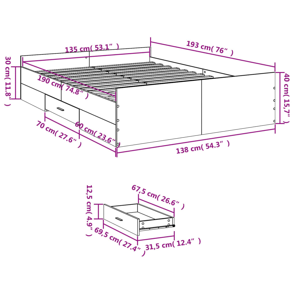 vidaXL gultas rāmis ar atvilktnēm, melns, 135x190cm, inženierijas koks