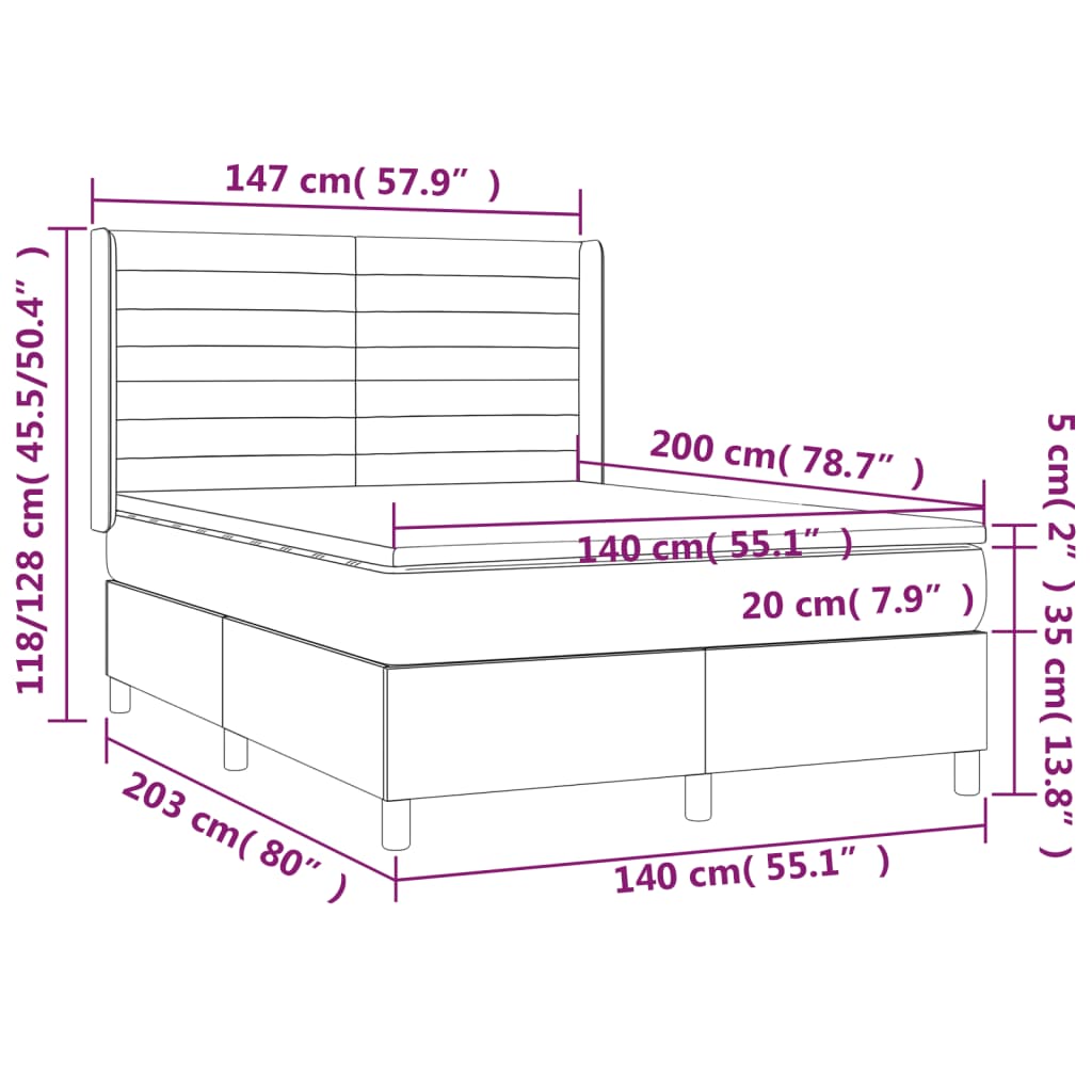 vidaXL atsperu gulta ar matraci, LED, zils audums, 140x200 cm