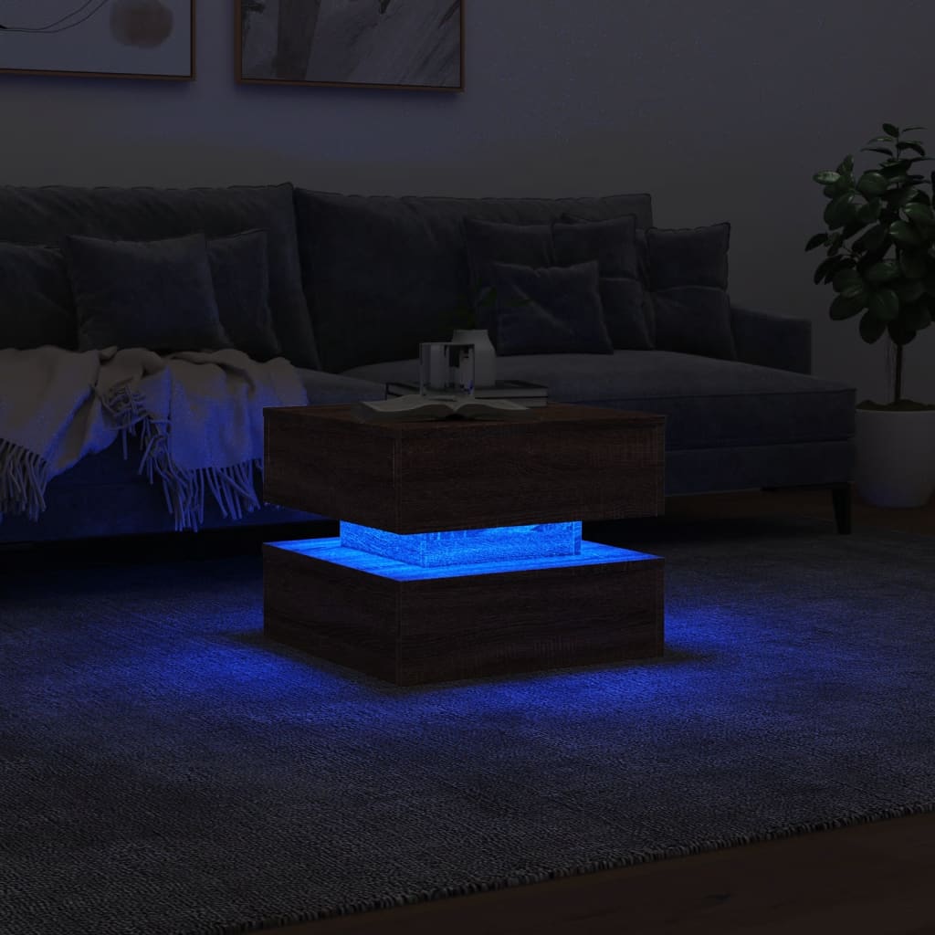 vidaXL kafijas galdiņš ar LED, brūna ozola, 50x50x40 cm