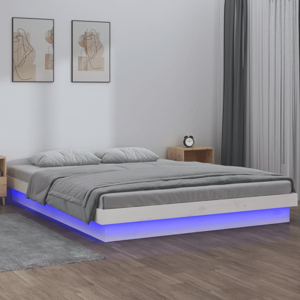 vidaXL gultas rāmis, LED, balts, 150x200 cm, King izmērs, masīvkoks