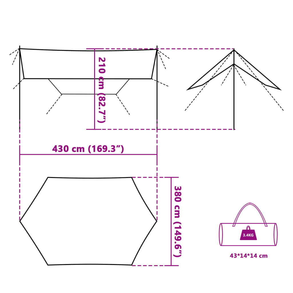 vidaXL kempinga tents, zaļa, 430x380x210 cm, ūdensizturīga