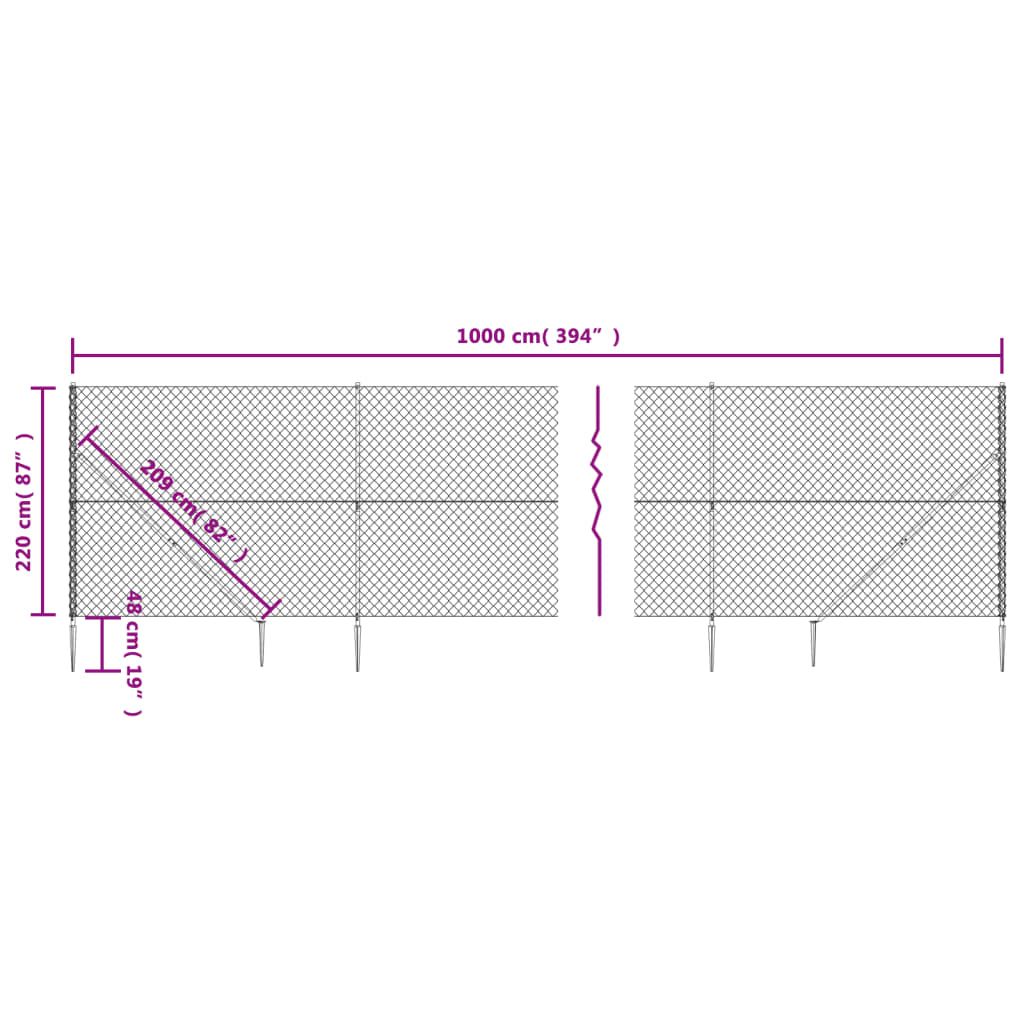 vidaXL stiepļu žogs ar zemes mietiņiem, sudraba krāsā, 2,2x10 m