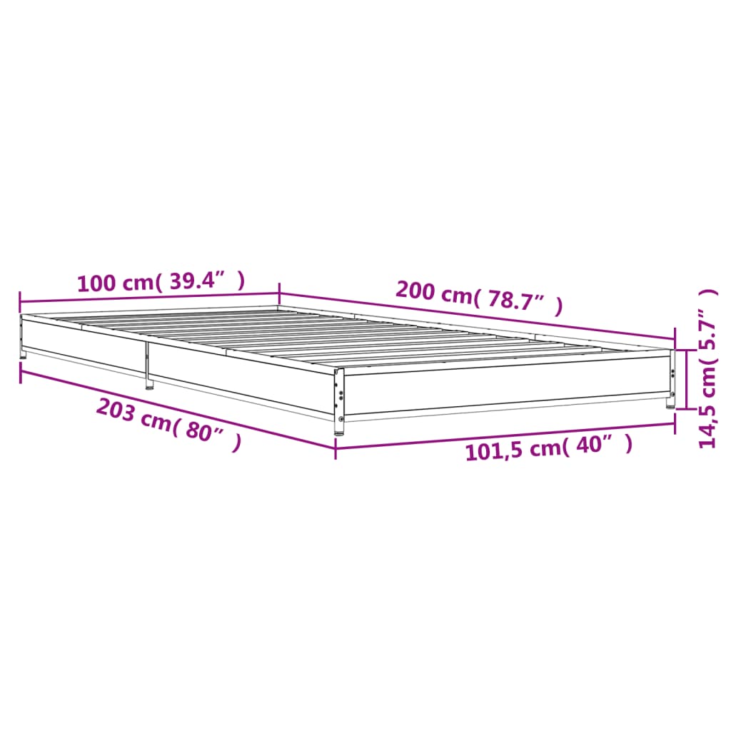 vidaXL gultas rāmis, ozola krāsa, 100x200cm, inženierijas koks, metāls