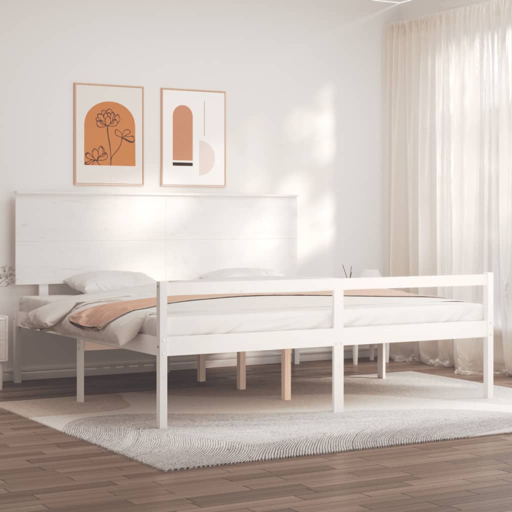 vidaXL gulta ar galvgali senioriem, balts, 200x200 cm, masīvkoks