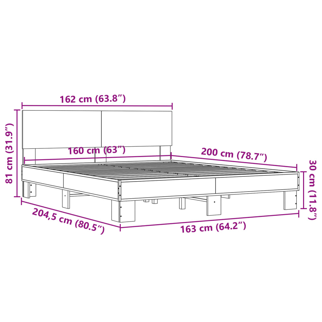 vidaXL gultas rāmis, ozola krāsā, 160x200cm, inženierijas koks, metāls