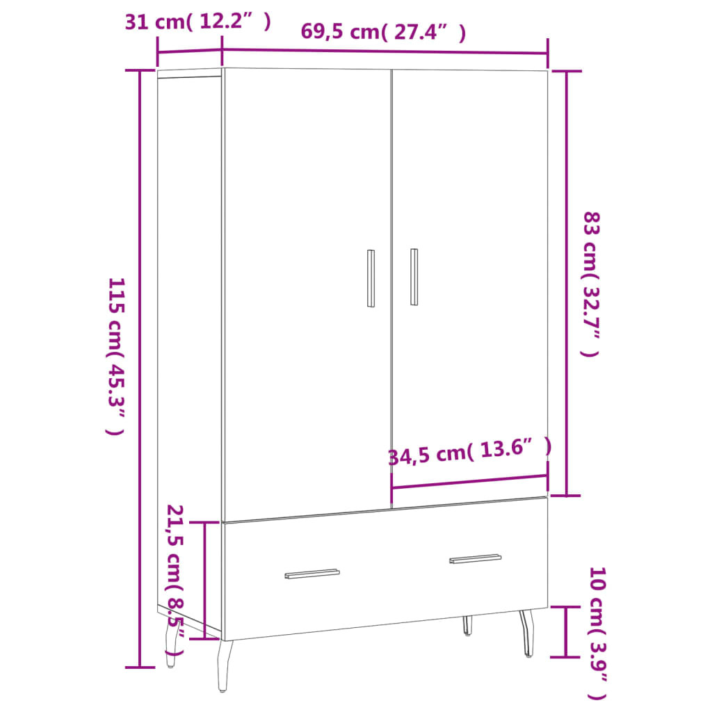 vidaXL augstais skapītis, balts, 69,5x31x115 cm, inženierijas koks