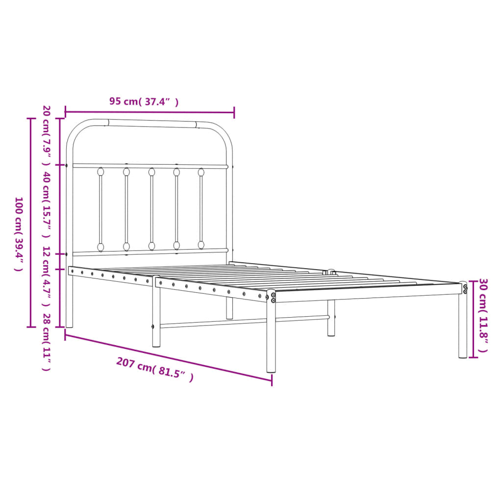 vidaXL gultas rāmis ar galvgali, melns metāls, 90x200 cm