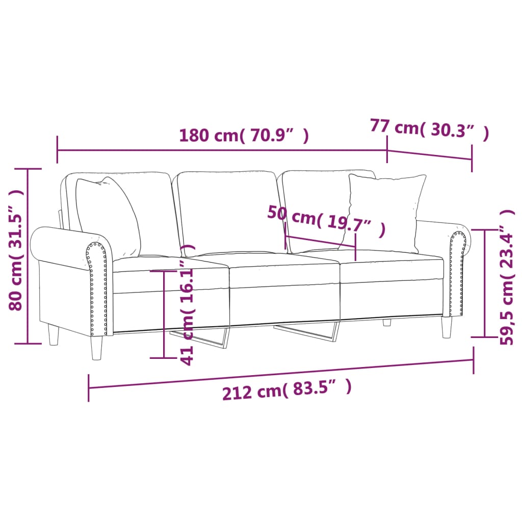 vidaXL trīsvietīgs dīvāns ar spilveniem, brūns, 180 cm, samts