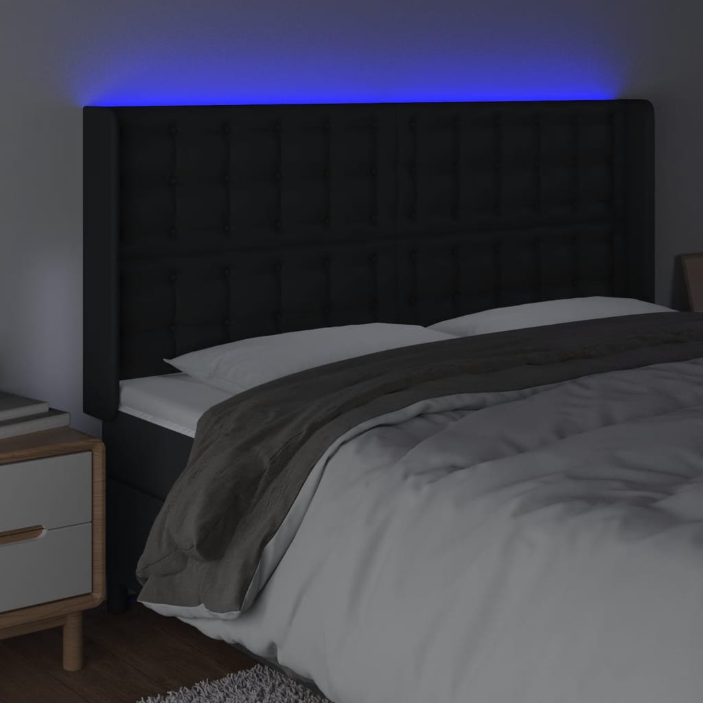 vidaXL gultas galvgalis ar LED, 163x16x118/128 cm, melna mākslīgā āda