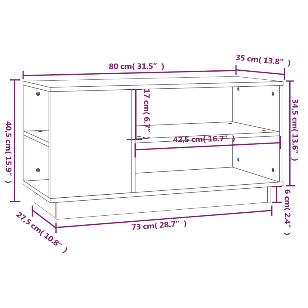 vidaXL TV plaukts, balts, 80x35x40,5 cm, priedes masīvkoks