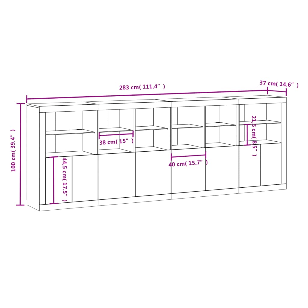 vidaXL kumode ar LED lampiņām, balta, 283x37x100 cm