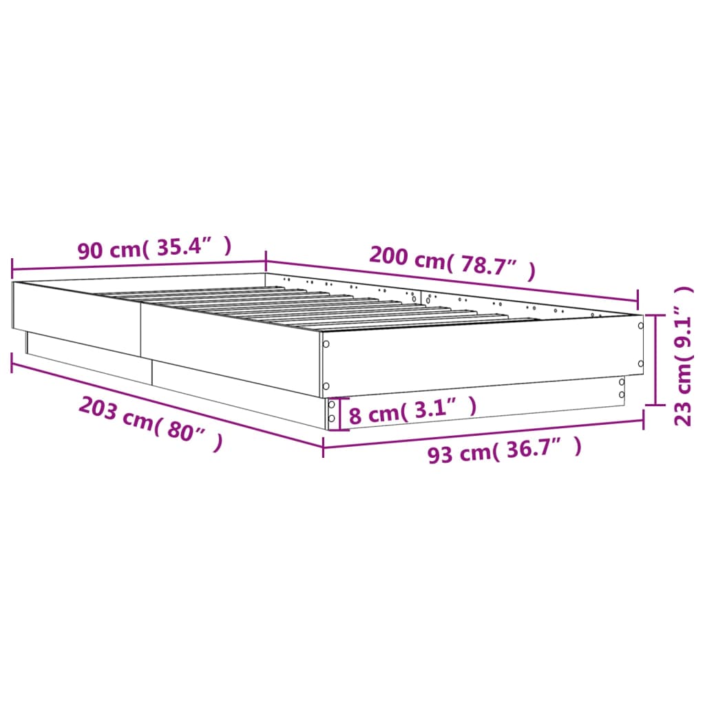 vidaXL gultas rāmis ar LED, balts, 90x200 cm