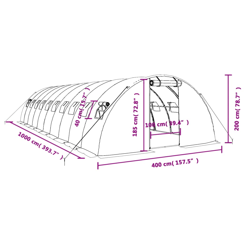 vidaXL siltumnīca ar tērauda rāmi, balta, 40 m², 10x4x2 m