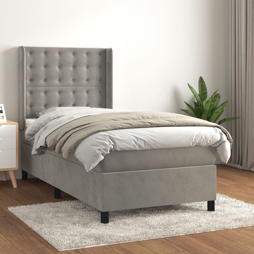 vidaXL atsperu gulta ar matraci, gaiši pelēka samts, 90x200 cm