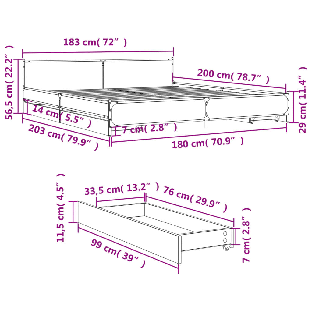 vidaXL gultas rāmis ar atvilktnēm, ozola, 180x200cm, inženierijas koks