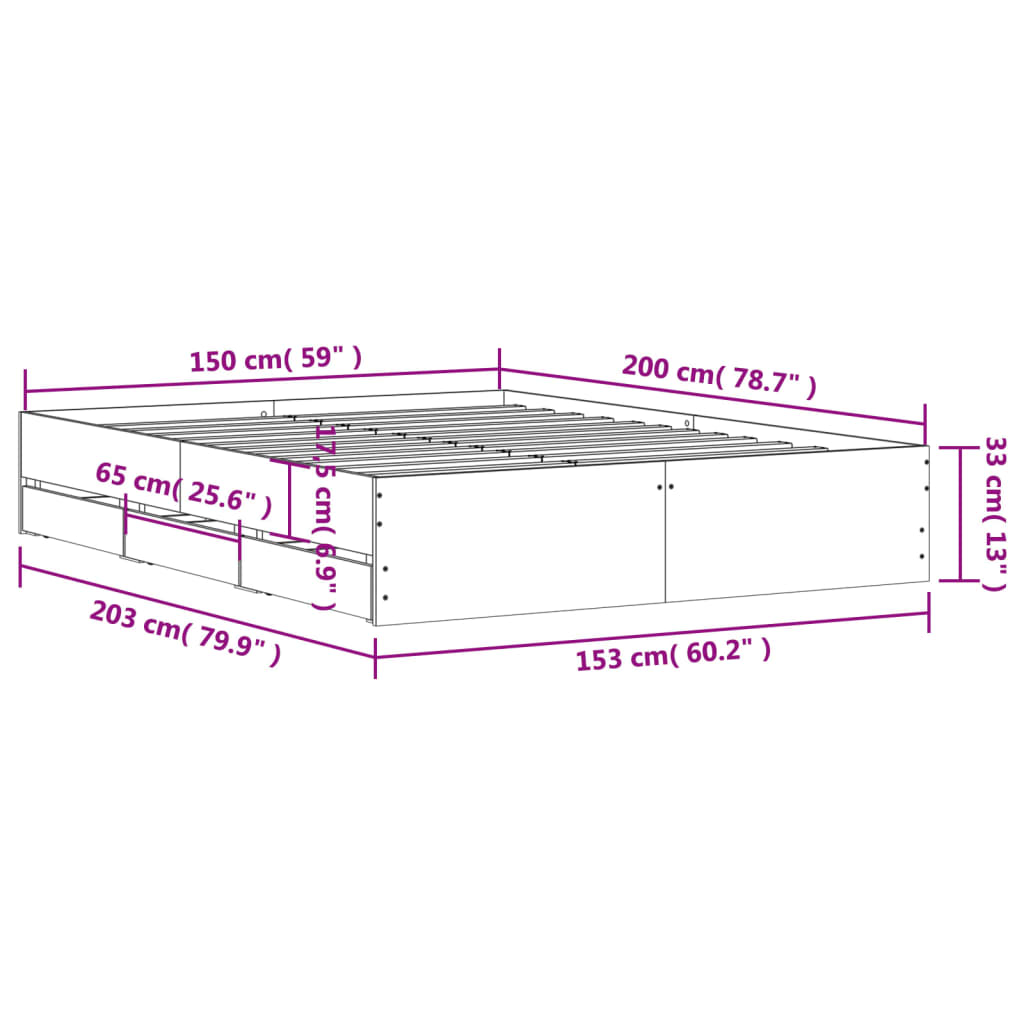 vidaXL gultas rāmis ar atvilktnēm, ozola, 150x200cm, inženierijas koks