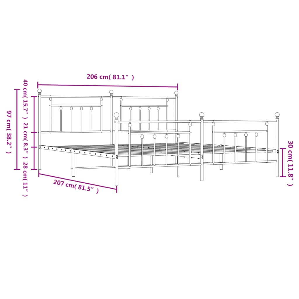 vidaXL gultas rāmis ar galvgali un kājgali, melns metāls, 200x200 cm