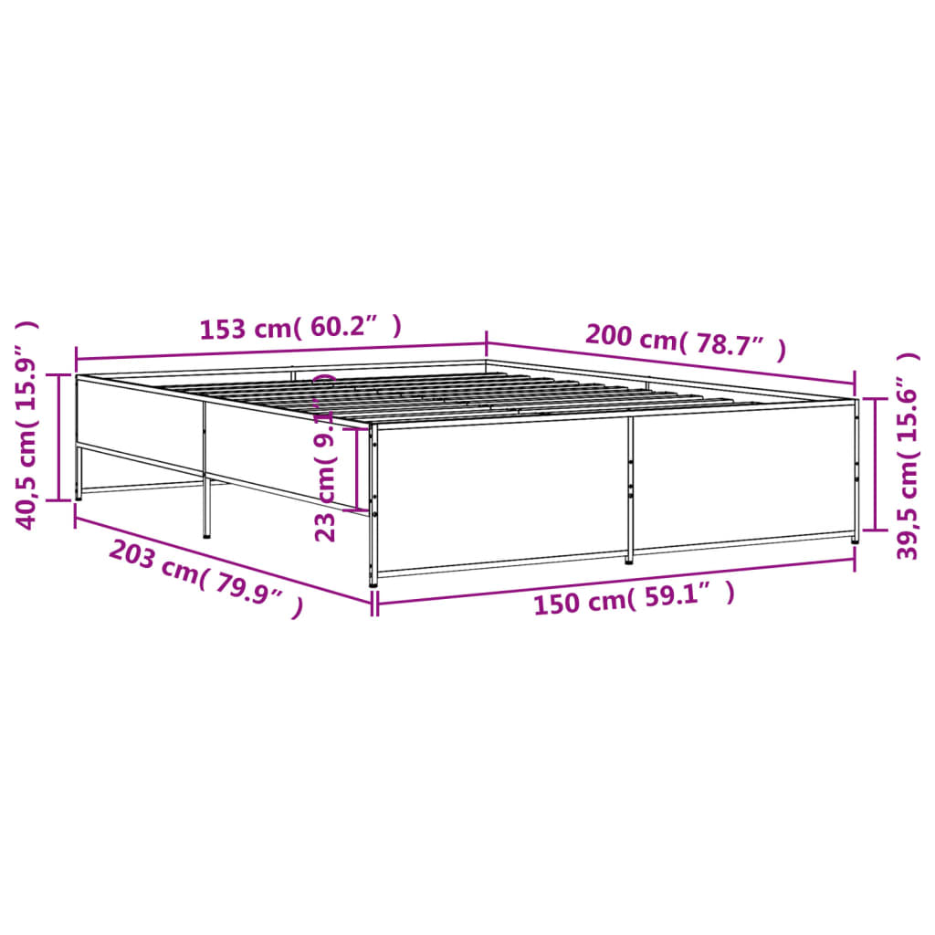 vidaXL gultas rāmis, pelēka ozola,150x200cm, inženierijas koks, metāls