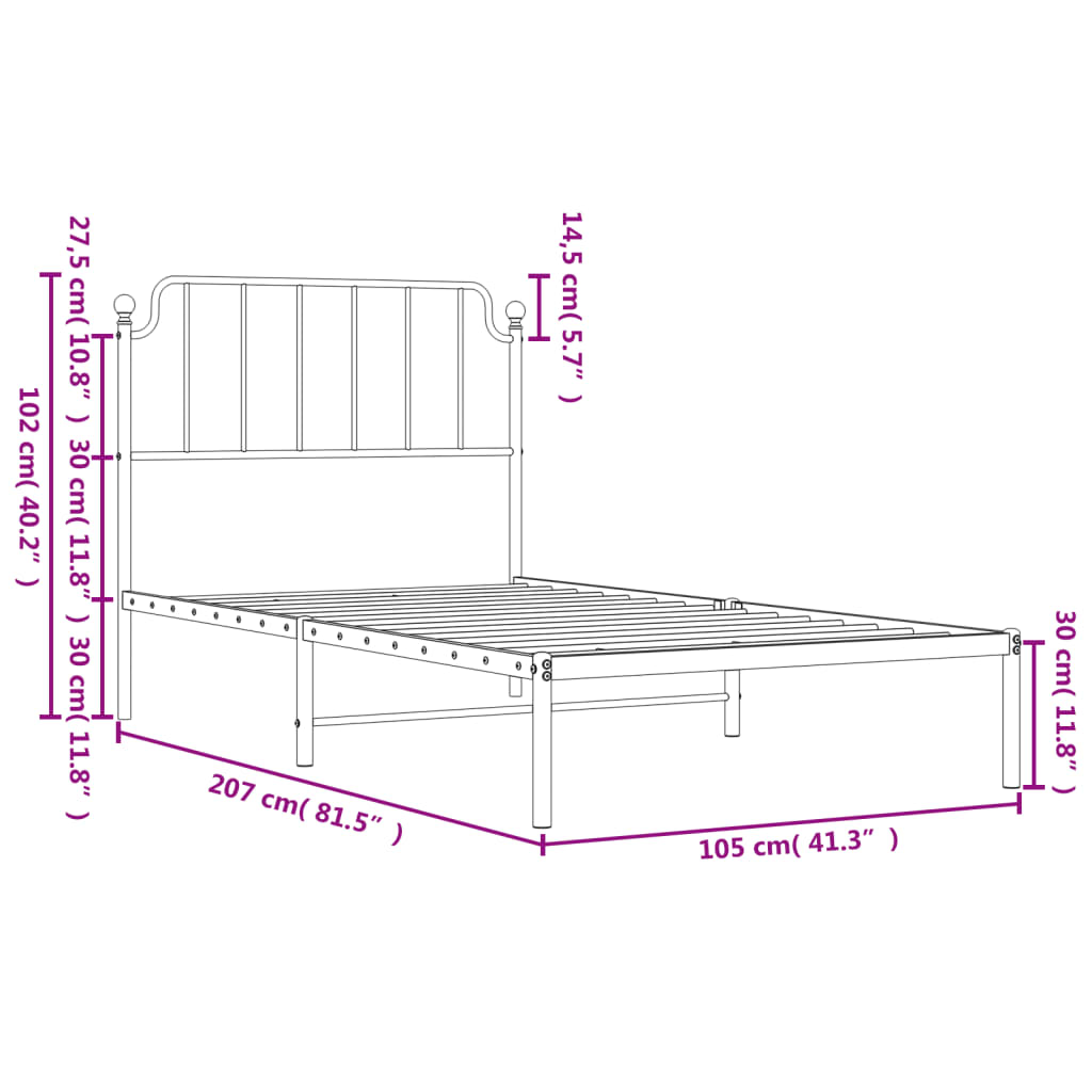 vidaXL gultas rāmis ar galvgali, balts metāls, 100x200 cm