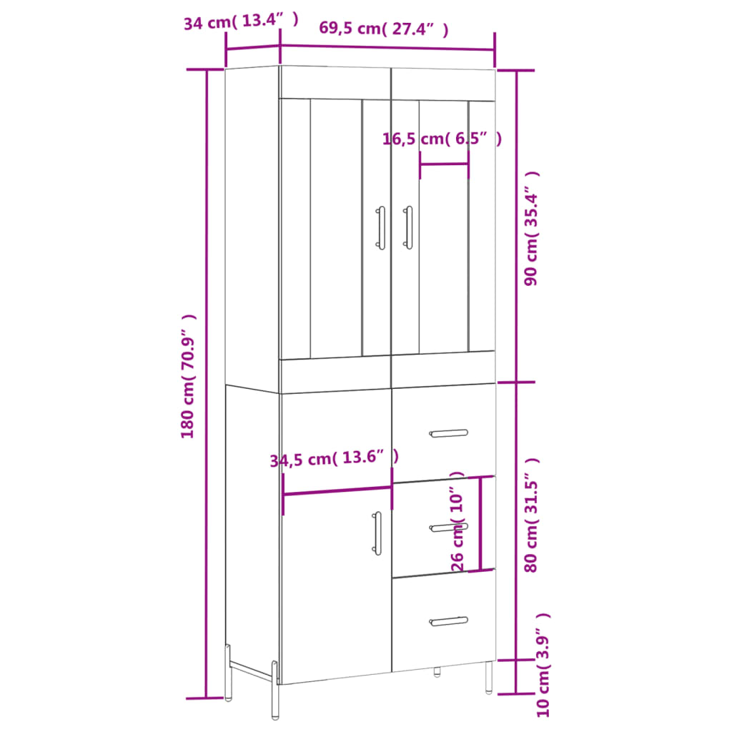 vidaXL augstais skapis, ozolkoka, 69,5x34x180 cm, inženierijas koks