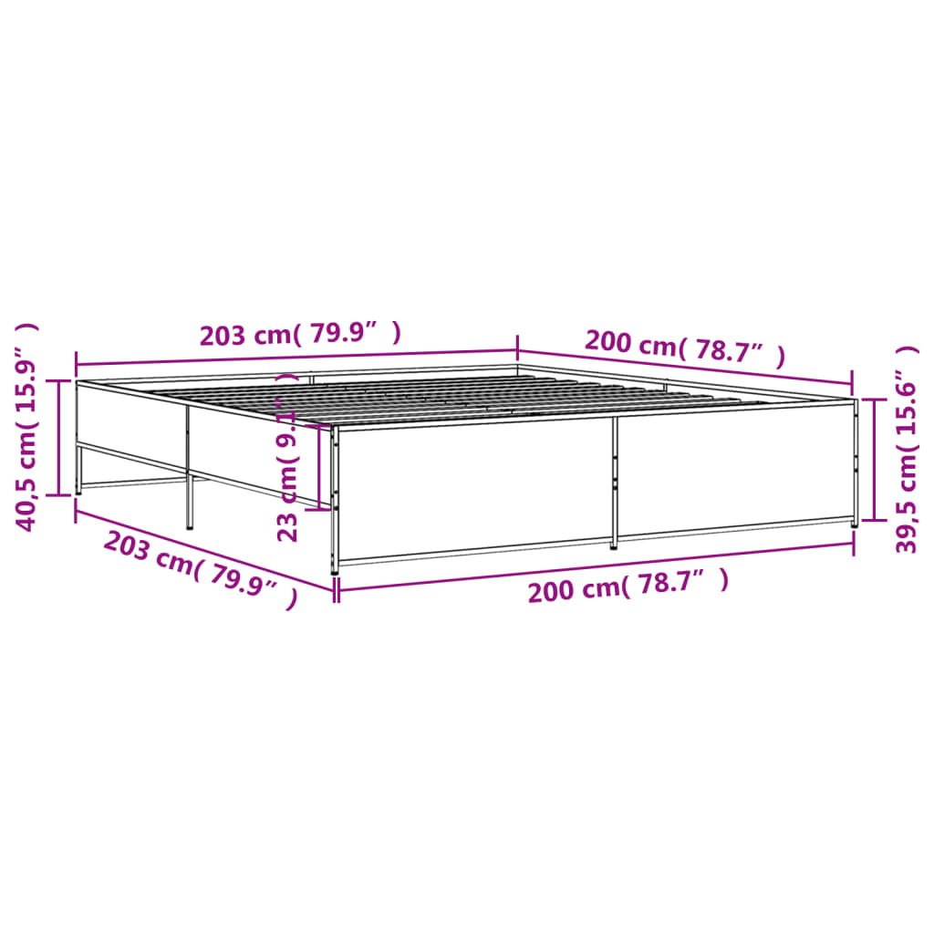 vidaXL gultas rāmis, pelēka ozola,200x200cm, inženierijas koks, metāls