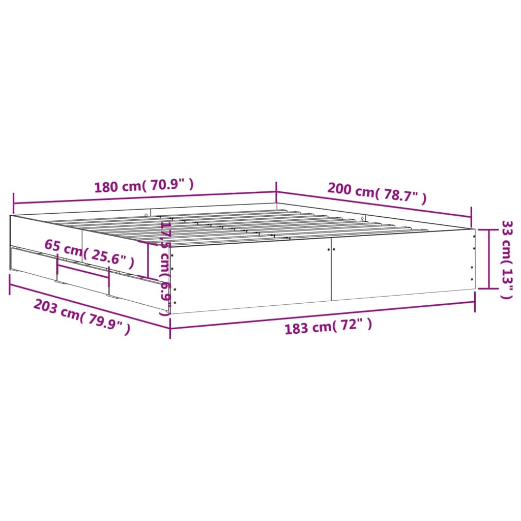 vidaXL gultas rāmis ar atvilktnēm, ozola, 180x200cm, inženierijas koks