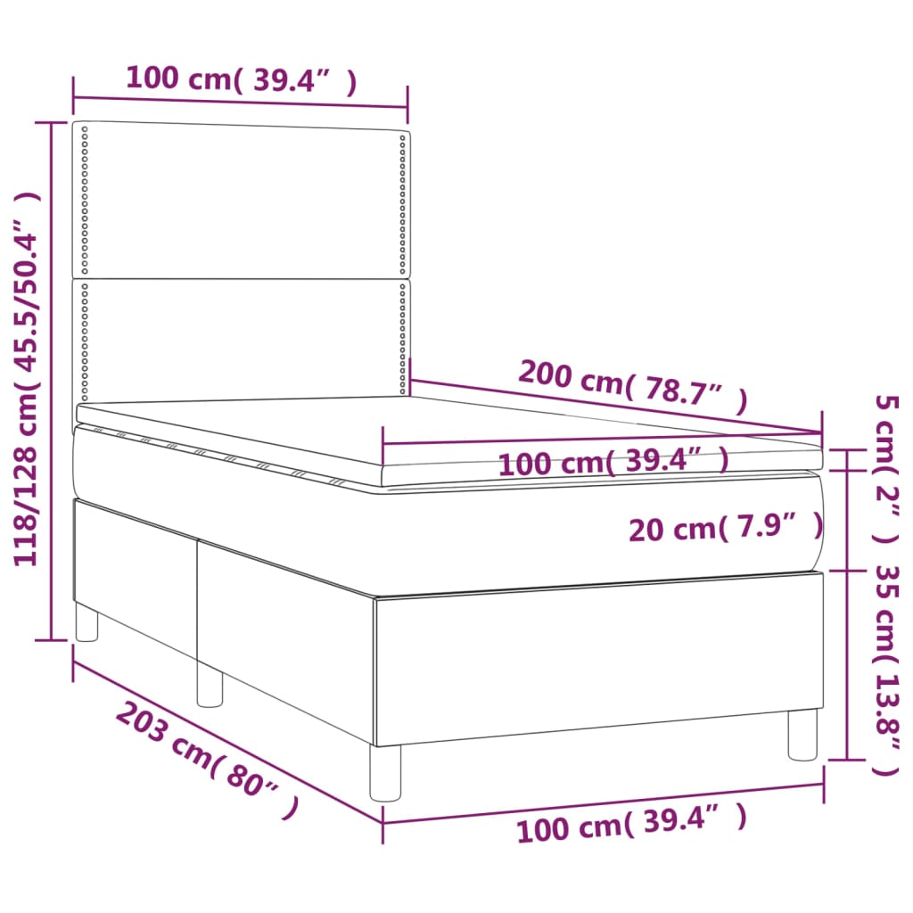 vidaXL atsperu gulta ar matraci, LED, melns audums, 100x200 cm