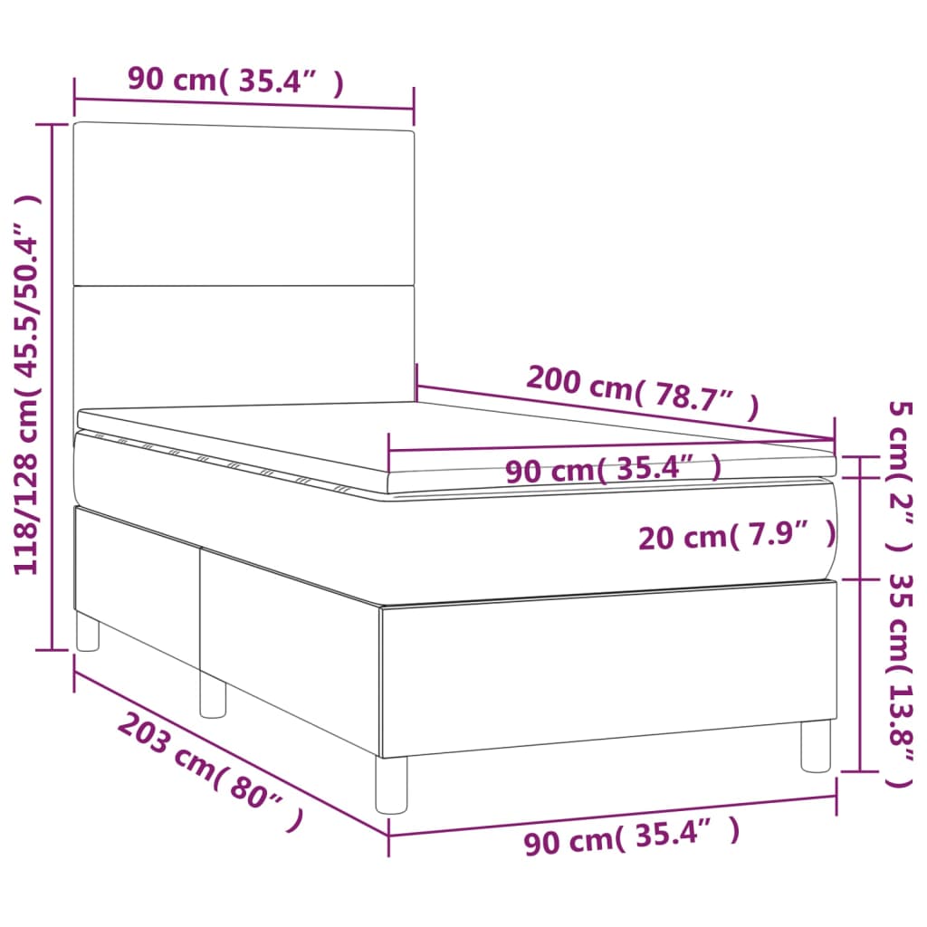 vidaXL atsperu gulta ar matraci, LED, tumši pelēks samts, 90x200 cm