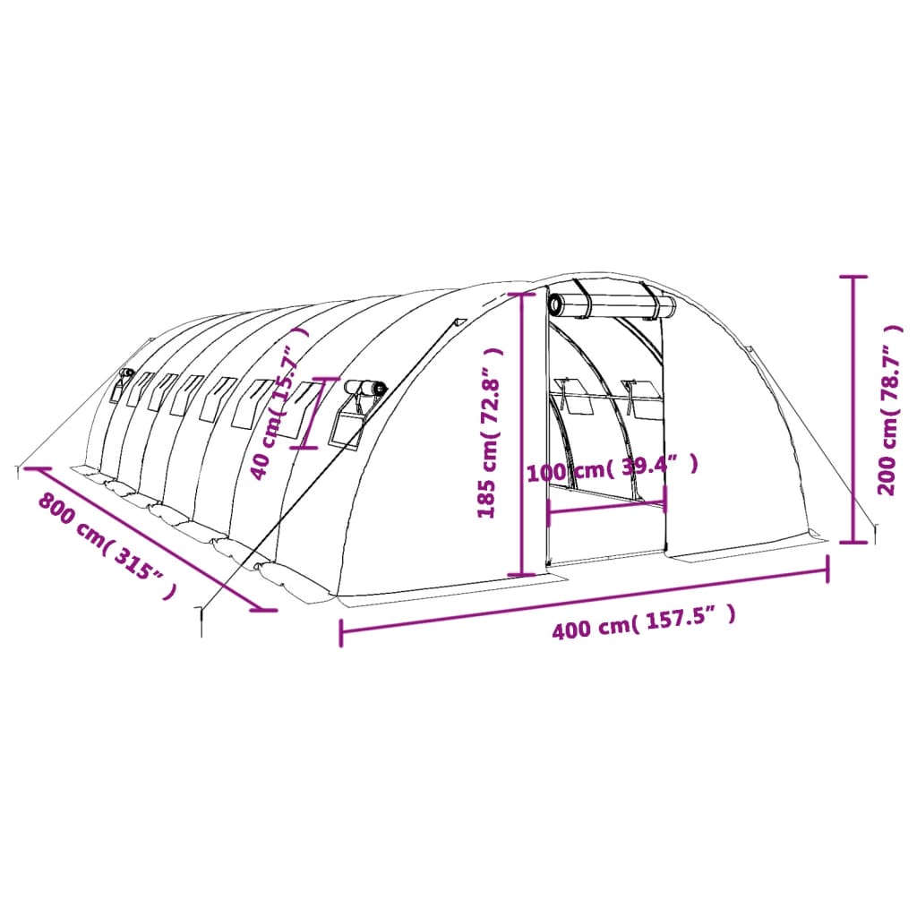 vidaXL siltumnīca ar tērauda rāmi, balta, 32 m², 8x4x2 m