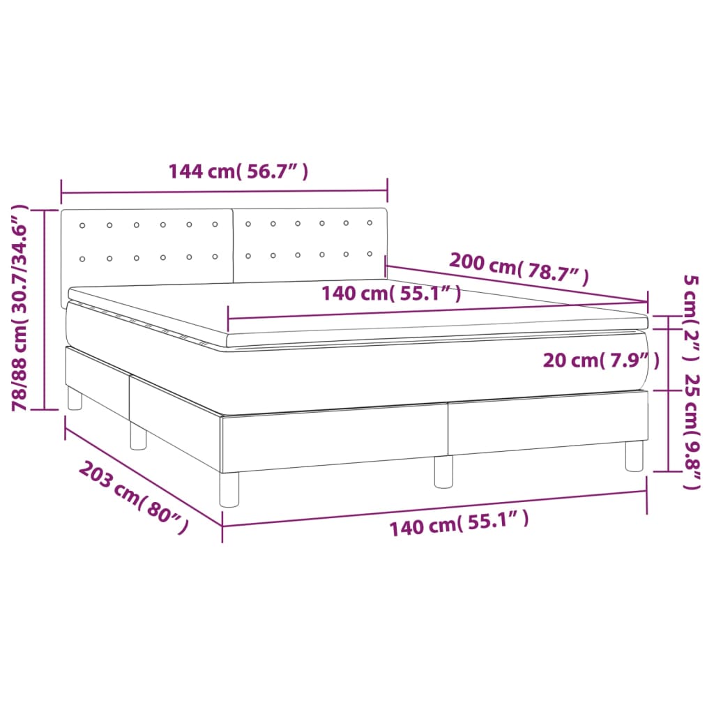 vidaXL atsperu gulta ar matraci, LED, brūna, 140x200 cm, mākslīgā āda