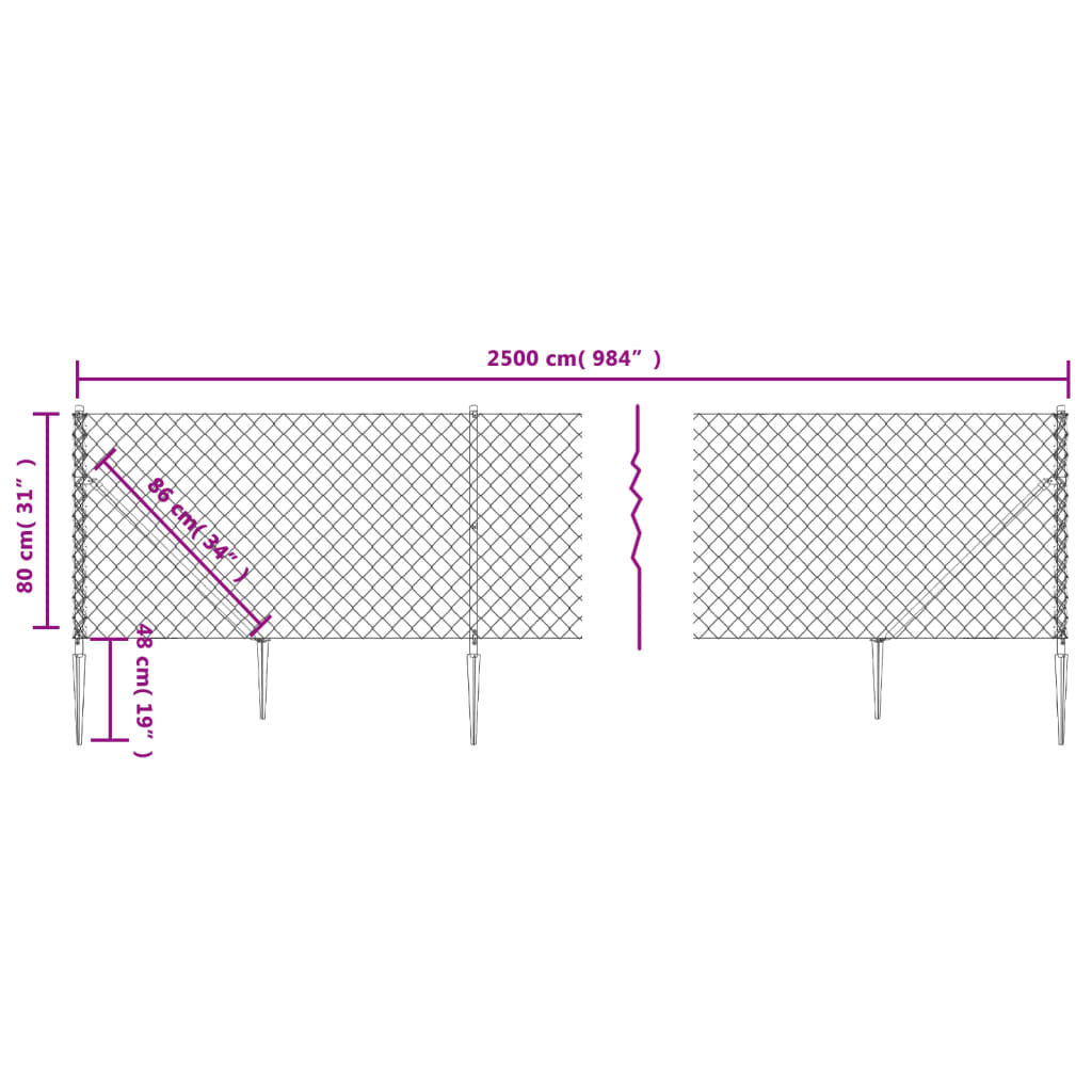 vidaXL stiepļu žogs ar zemes mietiņiem, sudraba krāsā, 0,8x25 m