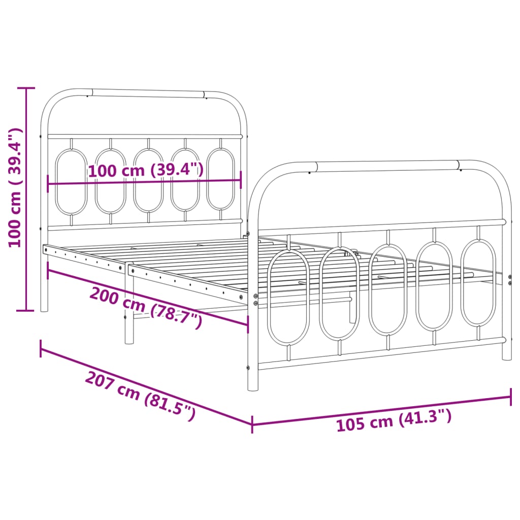 vidaXL gultas rāmis ar galvgali un kājgali, melns metāls, 100x200 cm