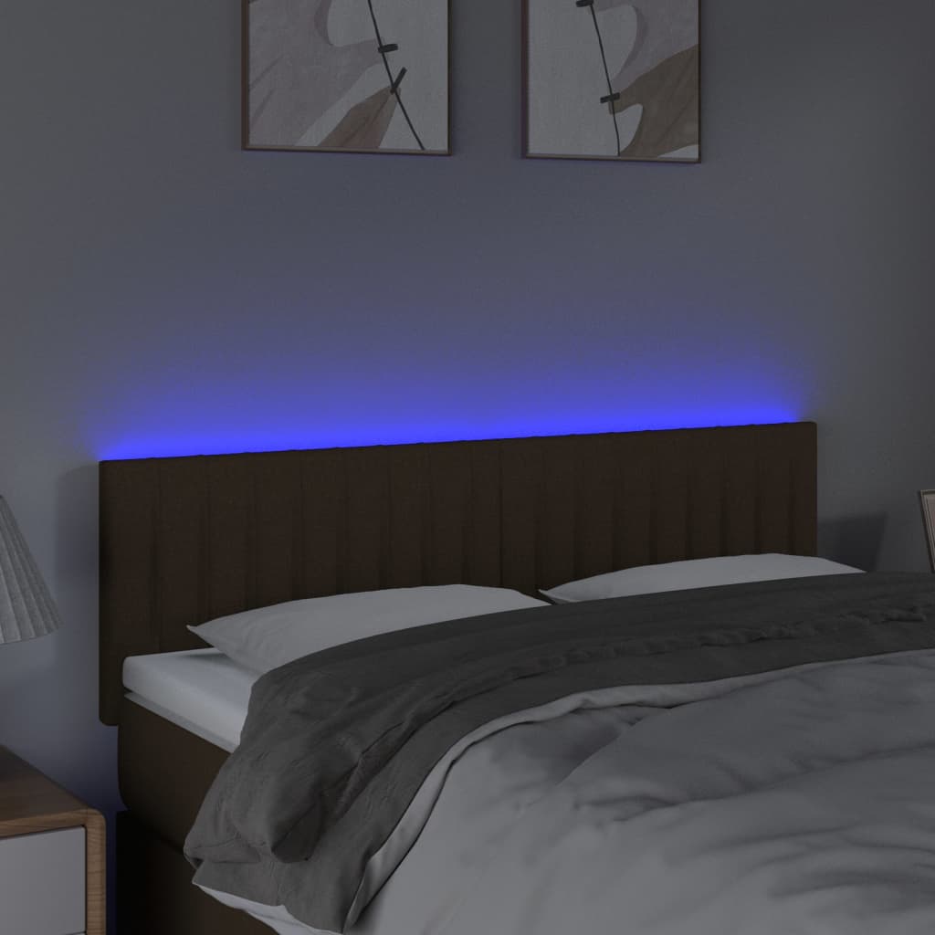 vidaXL gultas galvgalis ar LED, 144x5x78/88 cm, tumši brūns audums