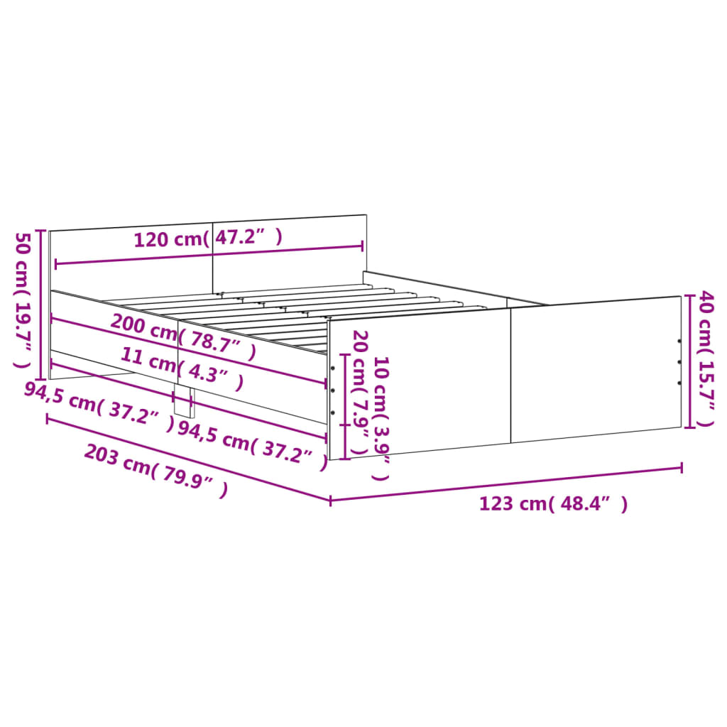 vidaXL gultas rāmis ar galvgali un kājgali, melns, 120x200 cm