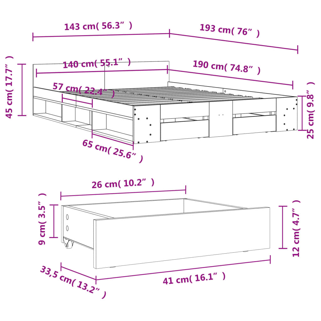 vidaXL gultas rāmis ar atvilktnēm, betona pelēks, 140x190 cm