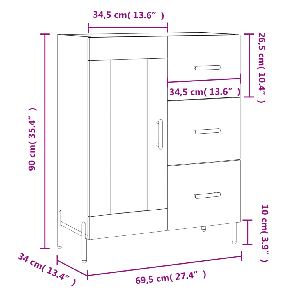 vidaXL kumode, pelēka ozolkoka, 69,5x34x90 cm, inženierijas koks