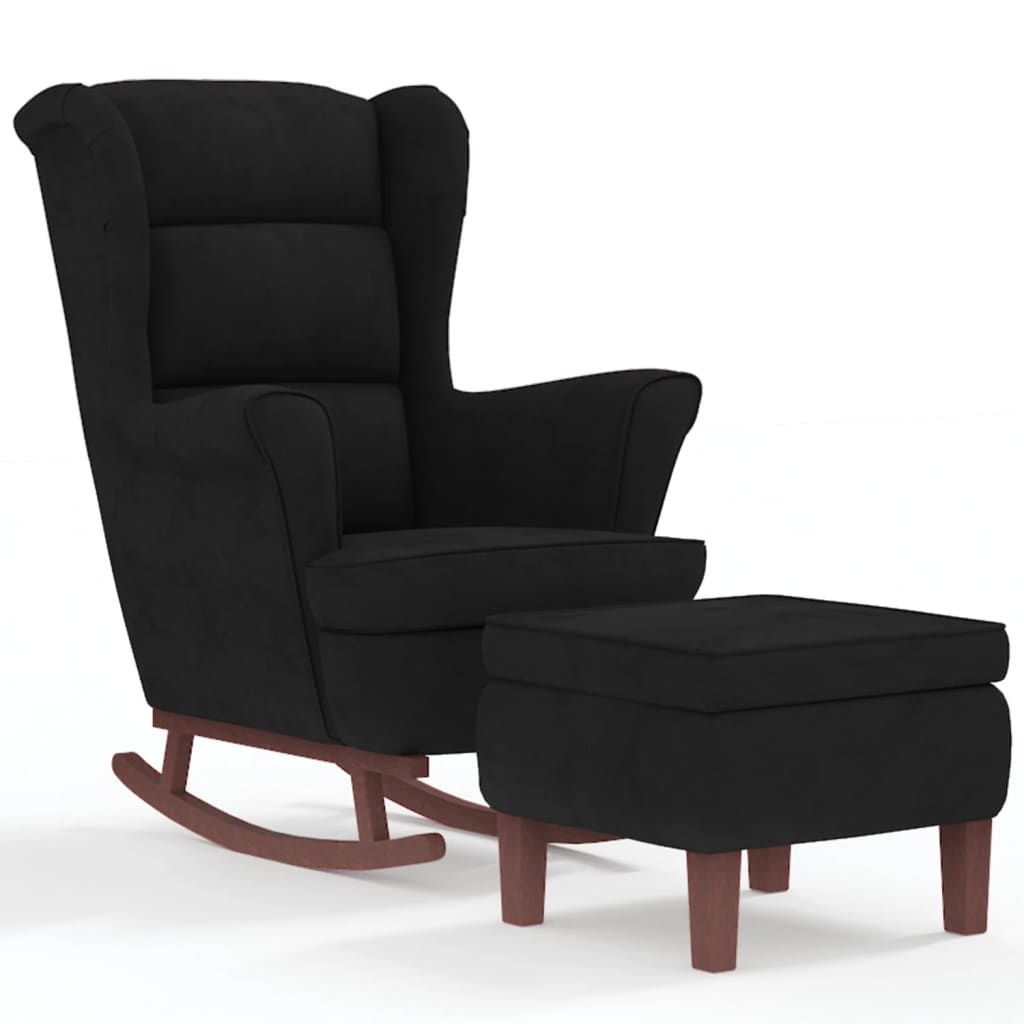 vidaXL šūpuļkrēsls ar kājsoliņu, koka kājas, melns samts
